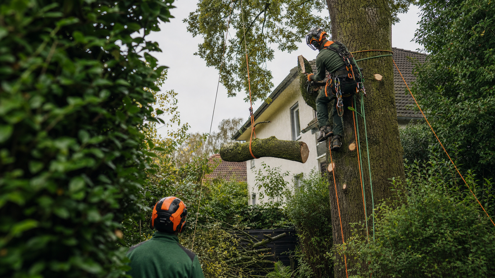 Professionelle Baumfällung mit Sicherheitsausrüstung